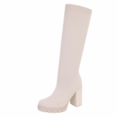 Cizme elastice textil cu toc gros - bej dama