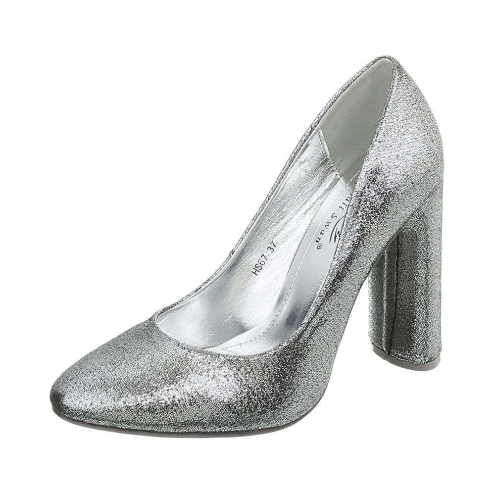 Pantofi clasici cu toc gros - argintiu dama
