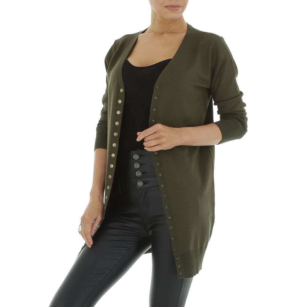 Pulover lung cu nasturi - verde military dama