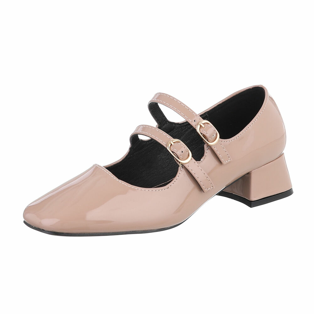 Pantofi eleganti lacuiti cu toc mic gros - bej dama