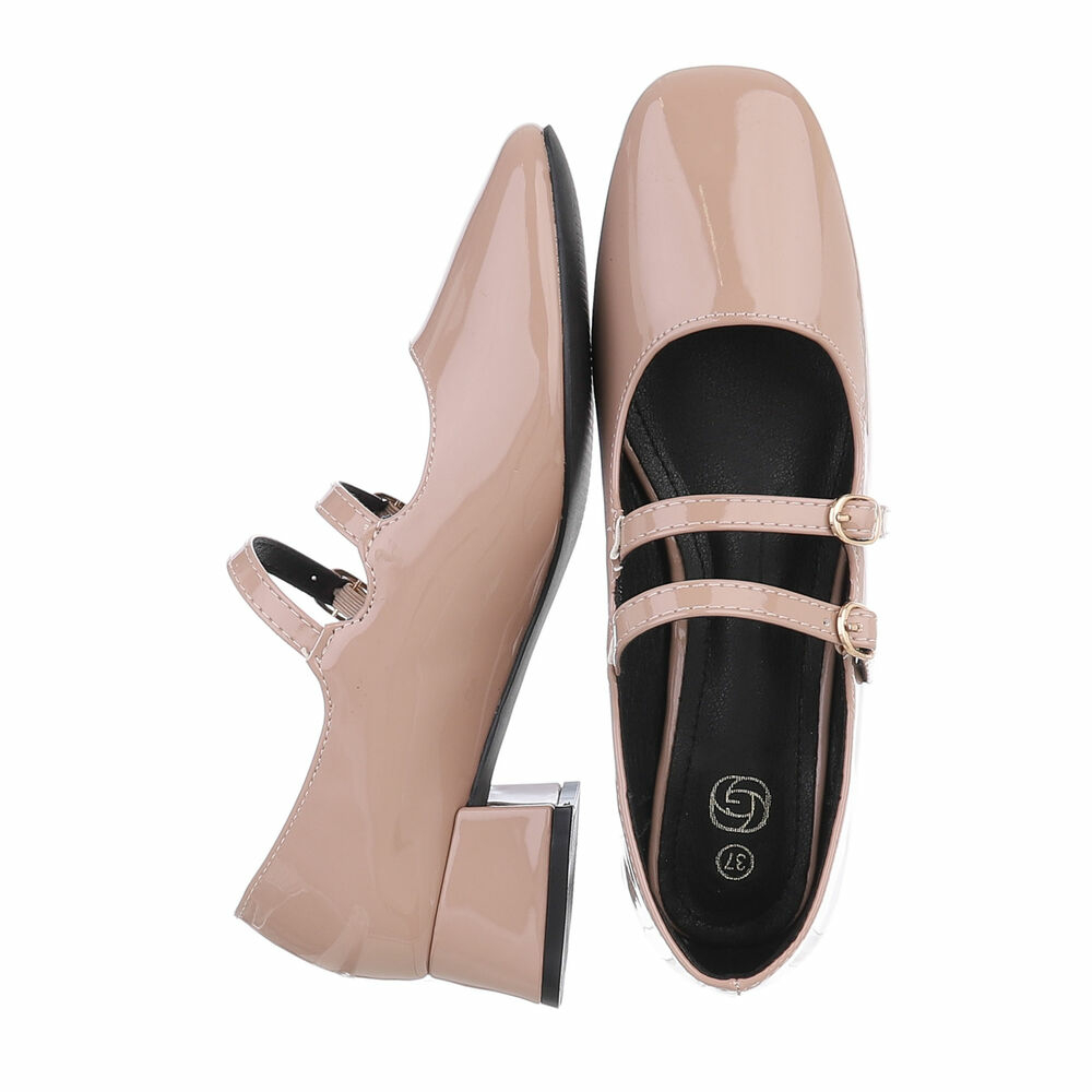 Pantofi eleganti lacuiti cu toc mic gros - bej dama