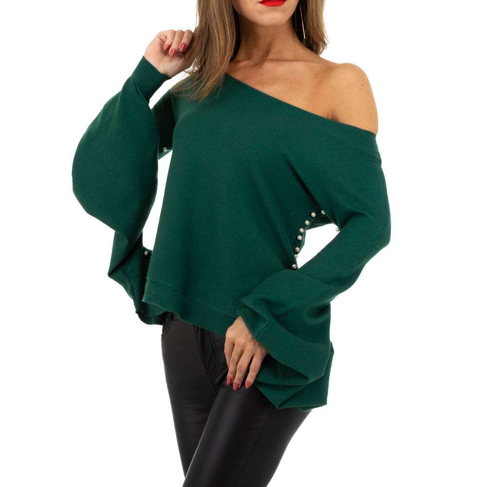 Pulover cu un umar gol - verde dama