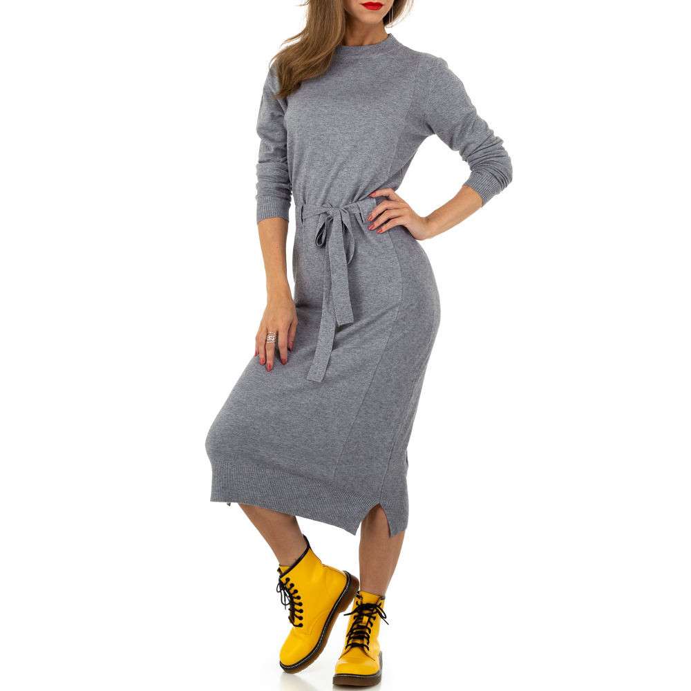 Rochie tricot cu curea la talie - gri dama